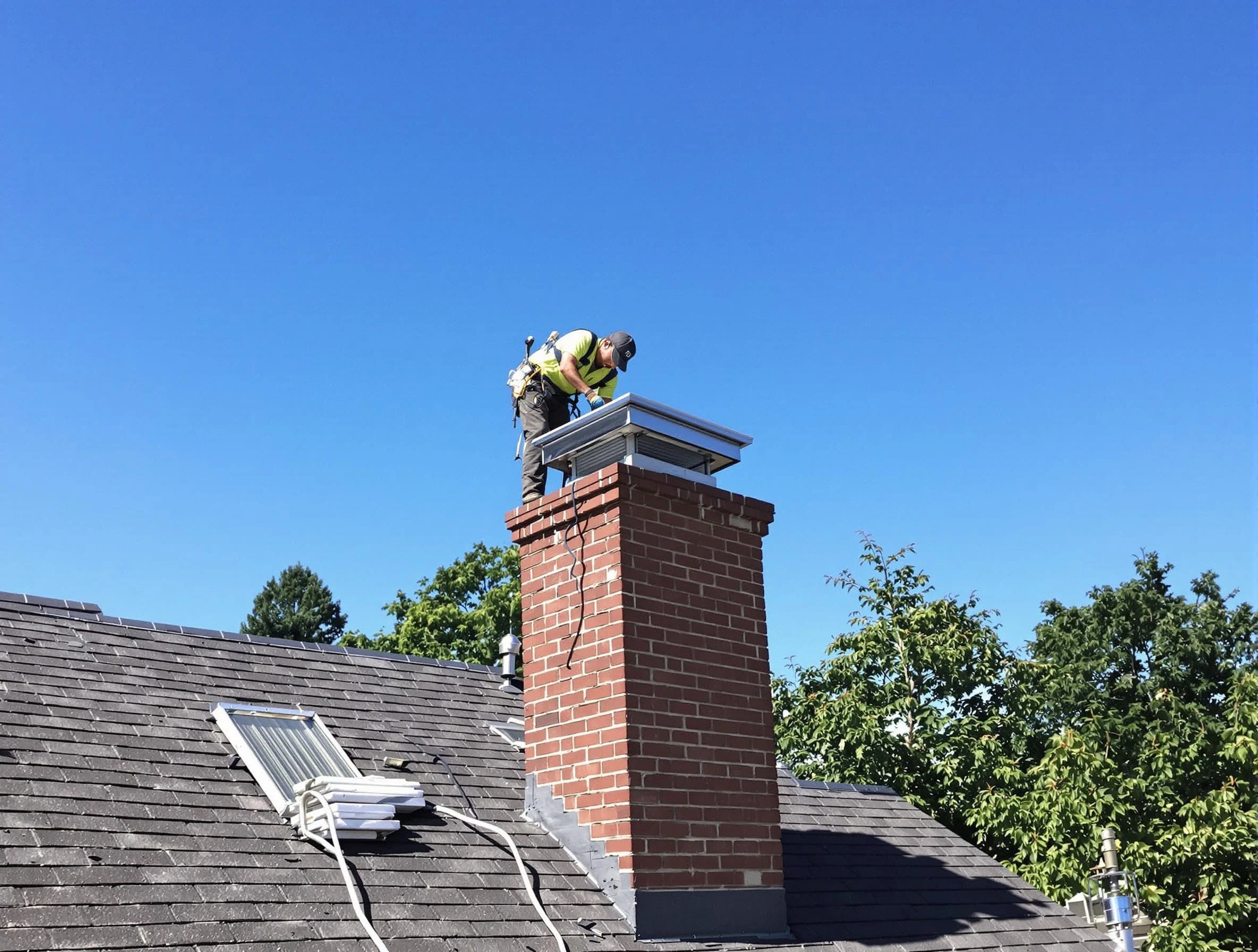 Melrose Chimney Sweep technician measuring a chimney cap in Melrose, MA